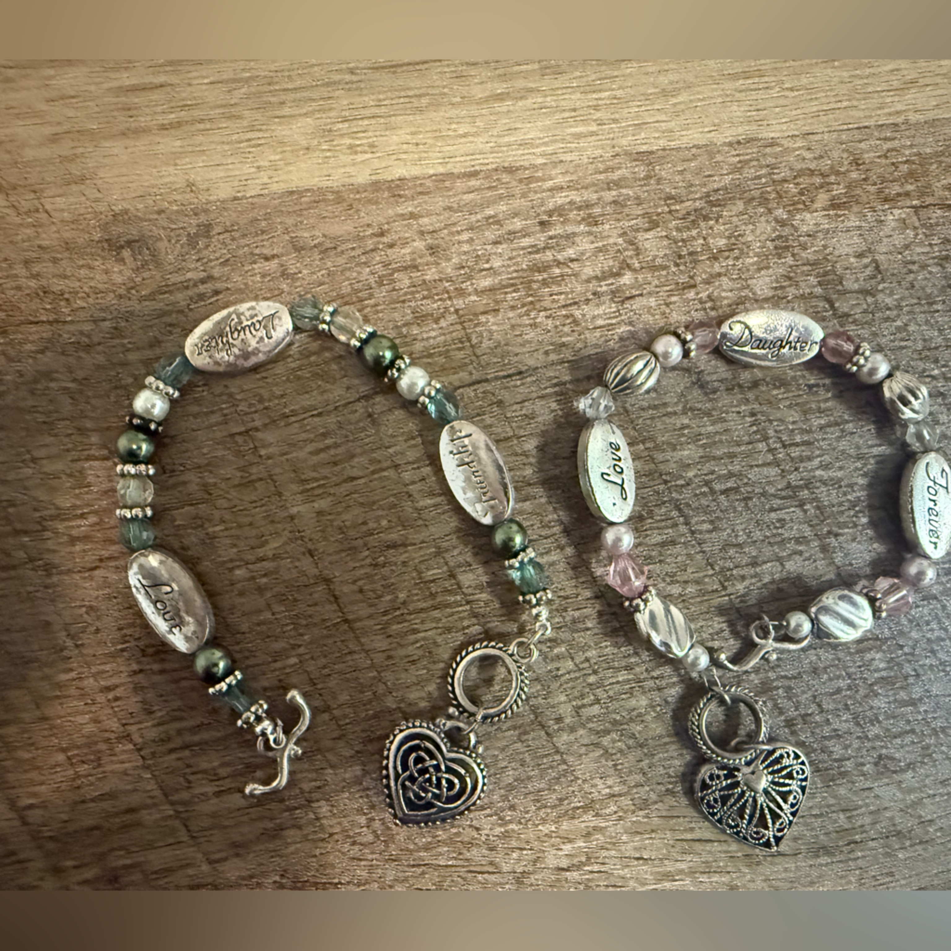Lot Of 2 Heart Charm Beaded Bracelets